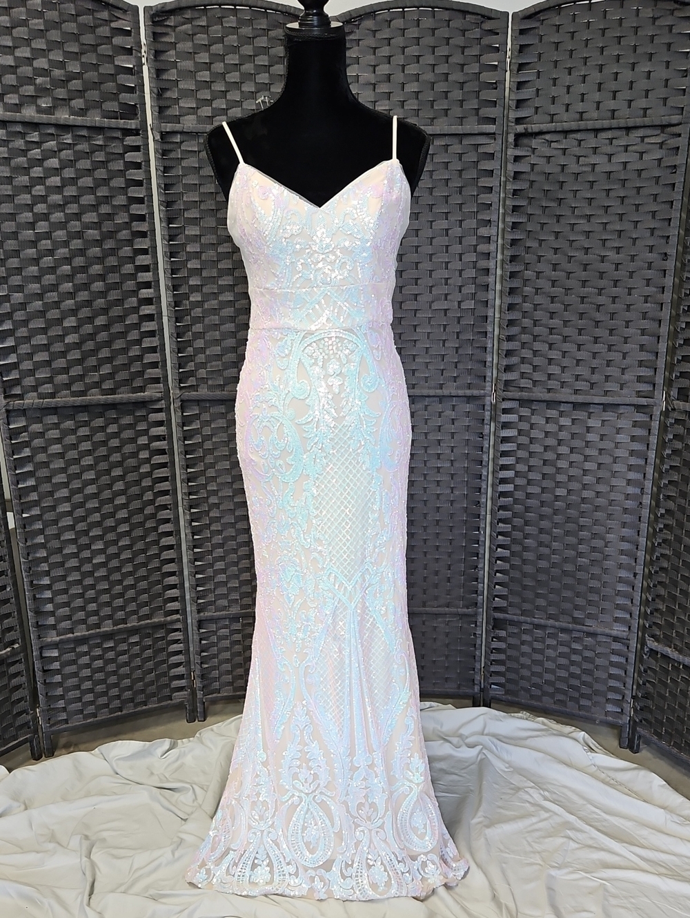 Size 6 white with pink/green/blue spaghetti strap stretchy fitted gown Jules & C